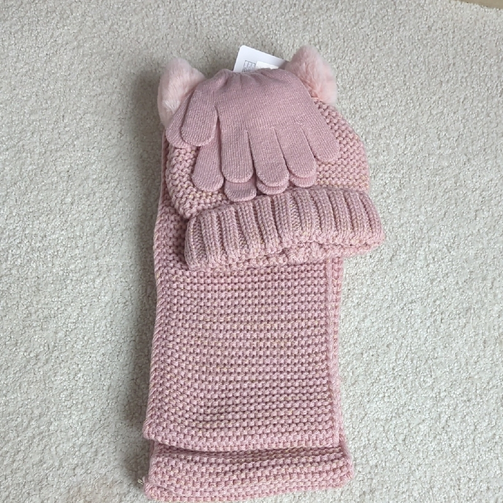 3 For $30. Adorable Pink Knit Kids Hat, Scarf, and Gloves Set